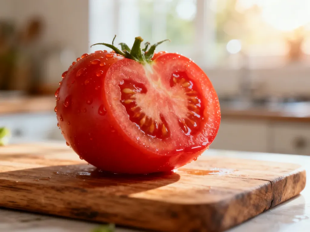 Przekrojony, świeży pomidor z kroplami wody na drewnianej desce, podkreślający naturalność i jakość produktu.