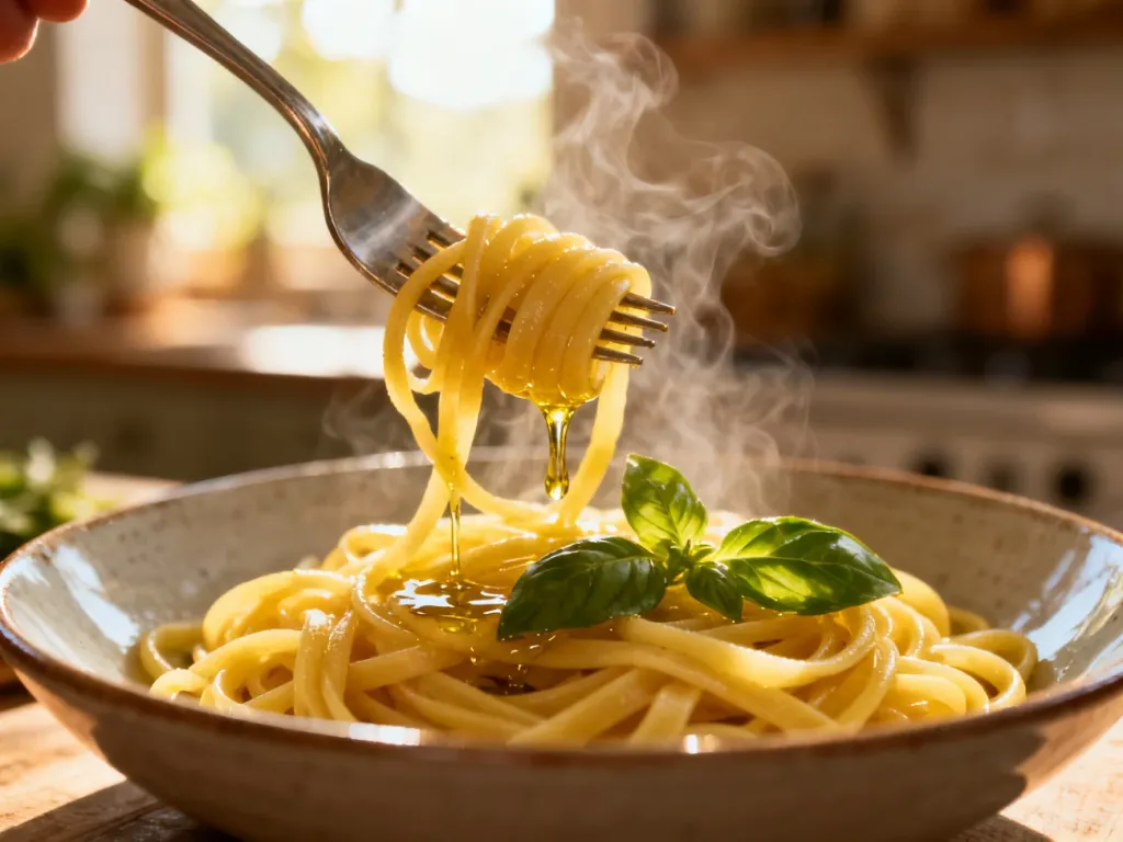 Miska świeżo ugotowanego makaronu al dente z oliwą i bazylią, nawiniętego na widelec w słonecznej kuchni.