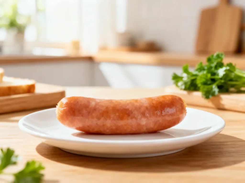 Parówka na białym talerzu w jasnej kuchni. Zdjęcie ilustruje artykuł o lekkostrawności parówek w diecie.