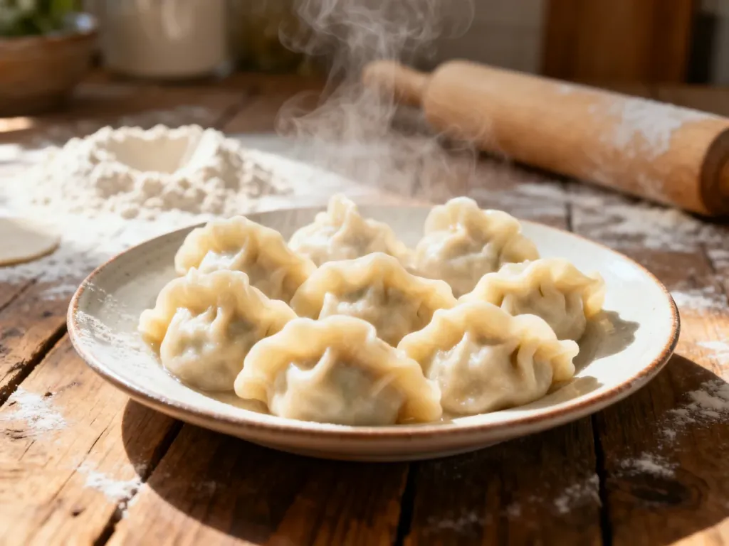 Talerz świeżo ugotowanych, parujących pierogów na drewnianym stole w domowej kuchni.