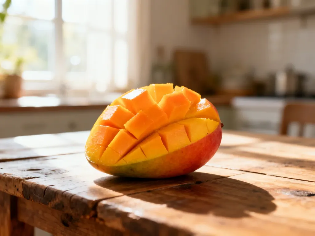 Soczyste, pokrojone mango na drewnianym stole w słonecznej kuchni, podkreślające świeżość i naturalność owocu.