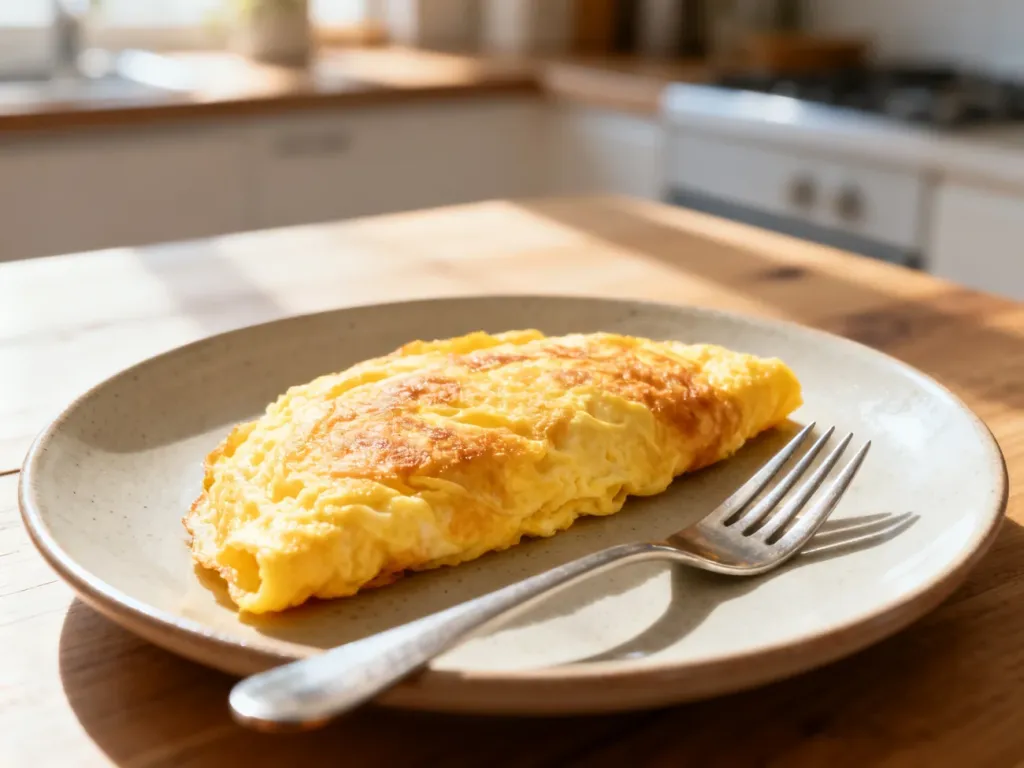 Puszysty, złocisty omlet na ceramicznym talerzu w jasnej kuchni, gotowy do spożycia.