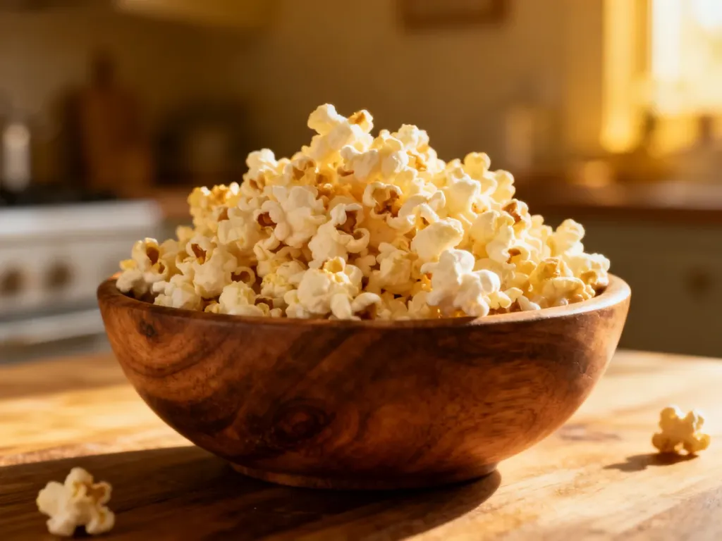 Drewniana miska wypełniona świeżym, puszystym popcornem w przytulnej, kuchennej scenerii.