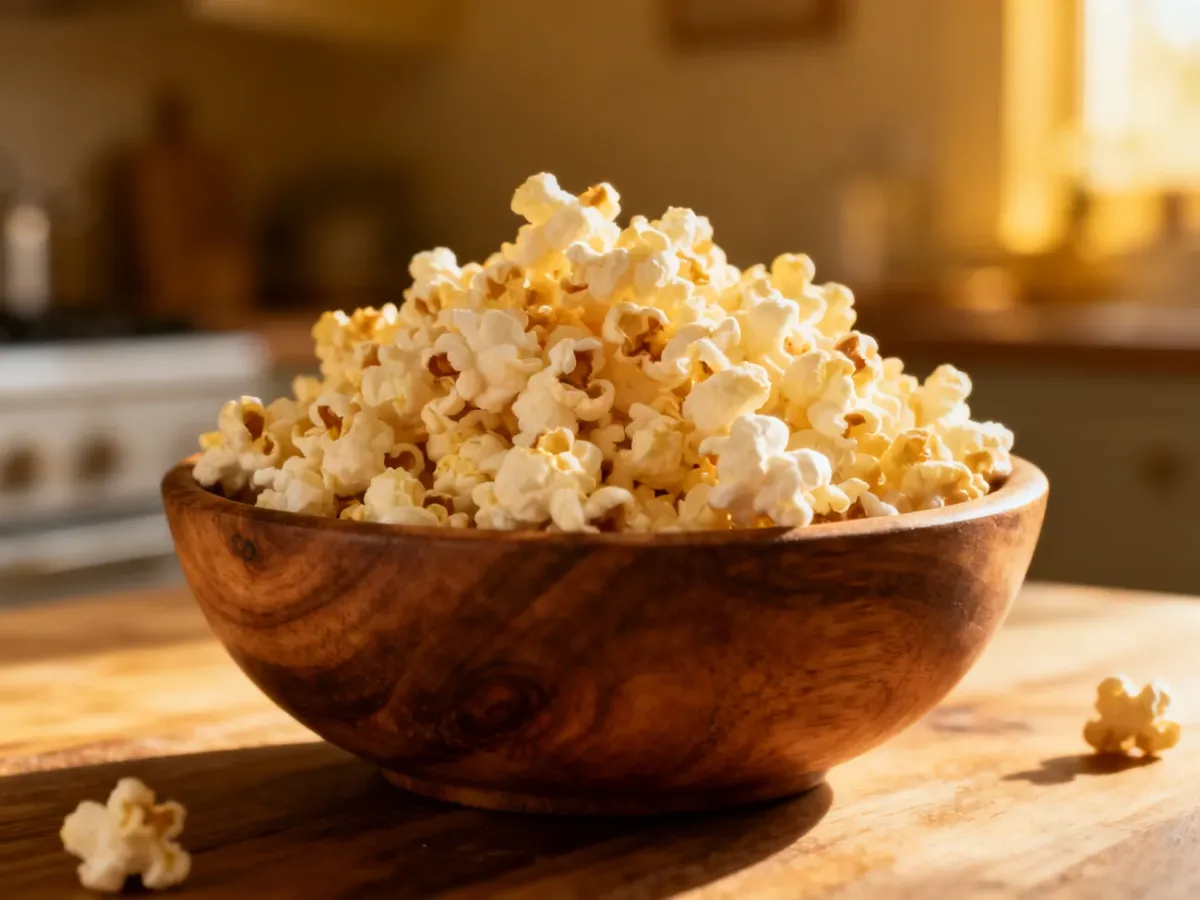 Drewniana miska wypełniona świeżym, puszystym popcornem w przytulnej, kuchennej scenerii.