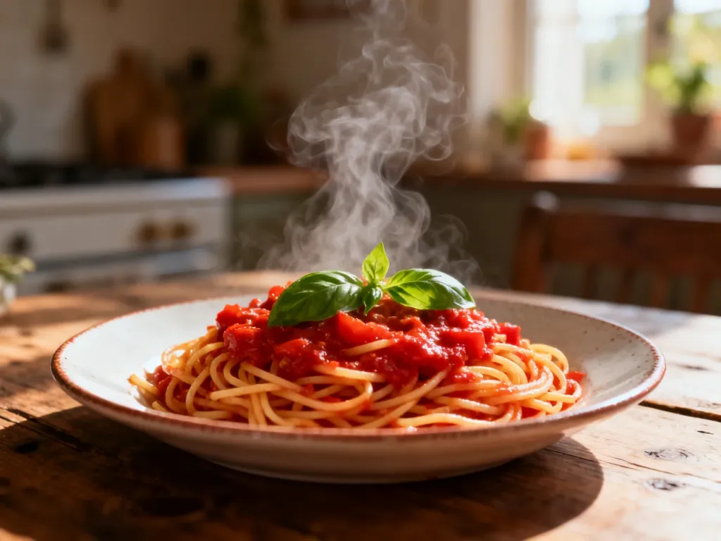 Talerz spaghetti z sosem pomidorowym i bazylią na drewnianym stole w przytulnej kuchni.