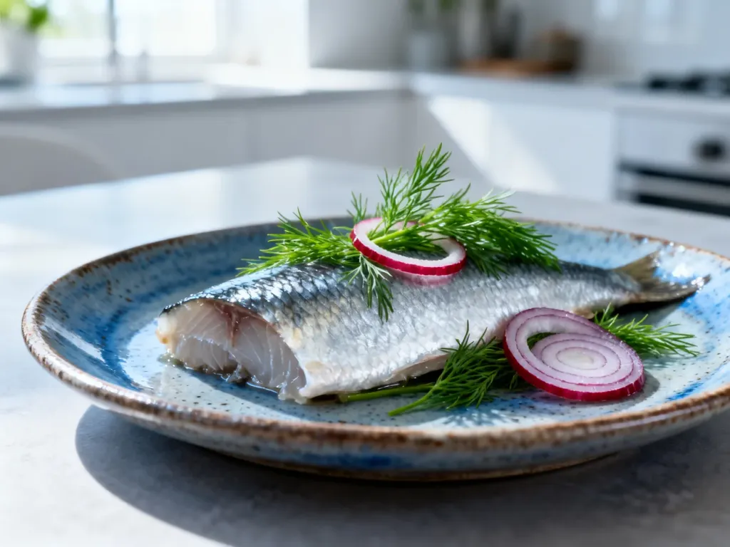 Apetycznie podany filet ze śledzia z koperkiem i czerwoną cebulą na rustykalnym talerzu w jasnej kuchni.